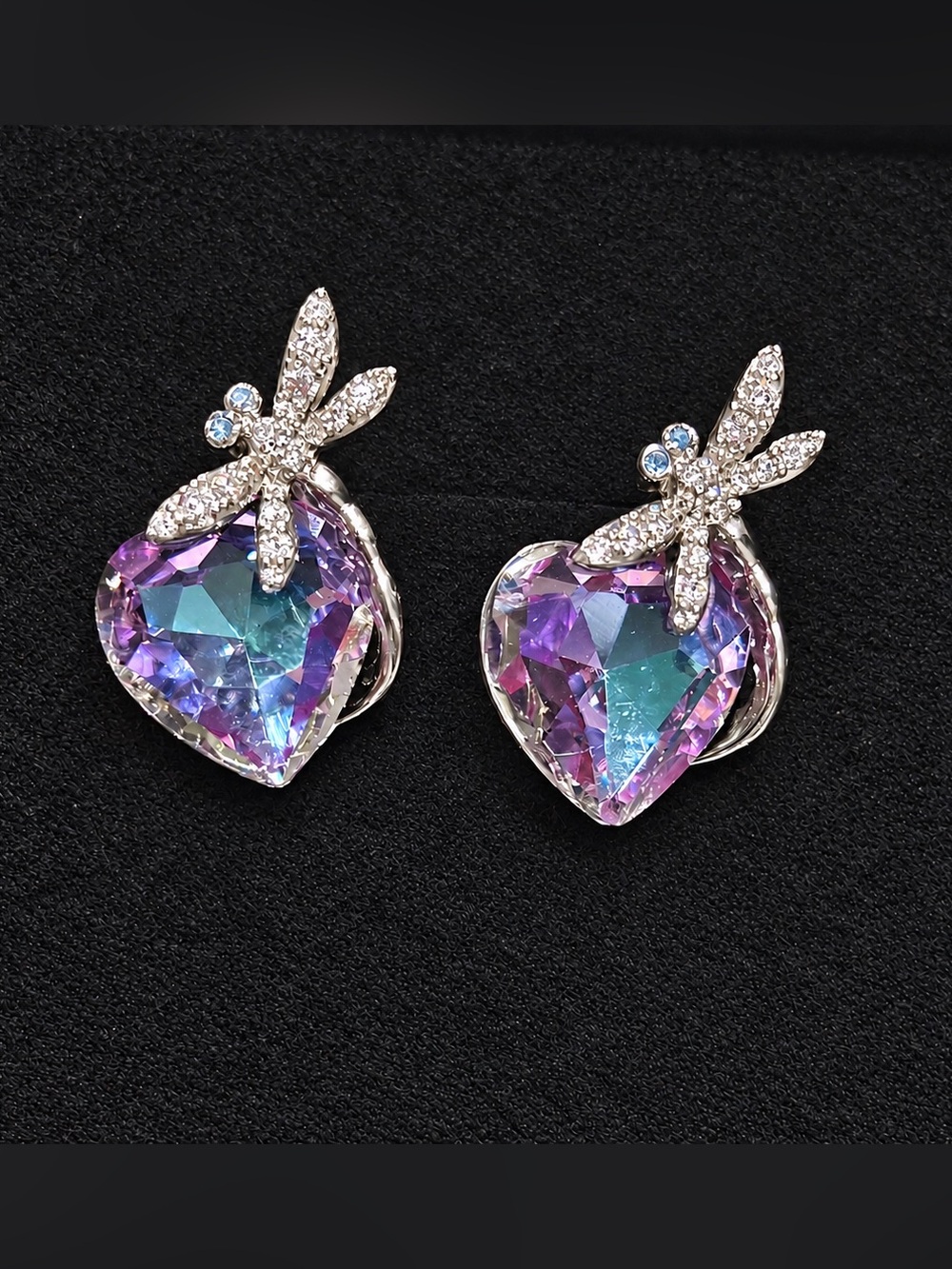 Crystal Heart Dragonfly Stud Earrings in Purple Blue